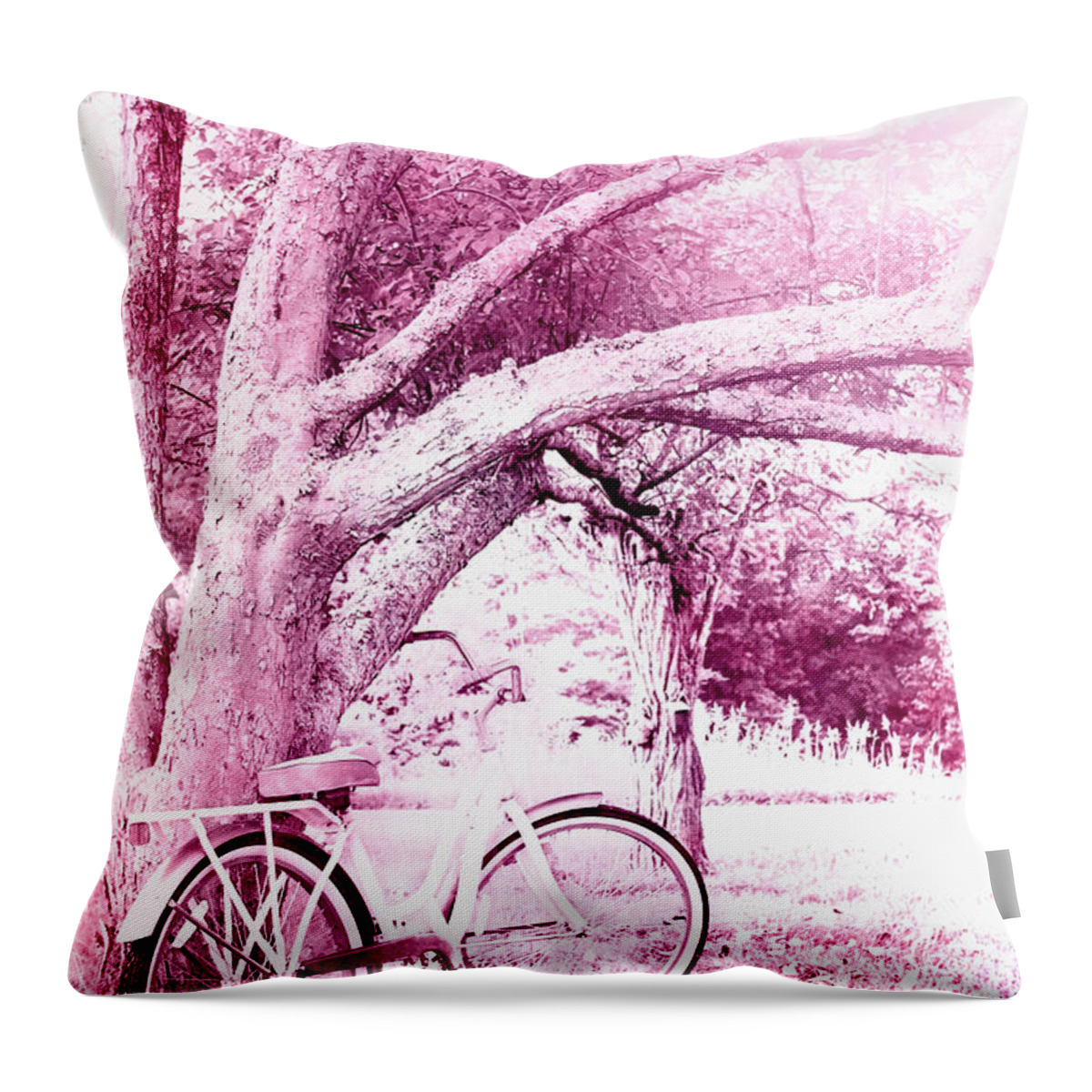Lens Flare Throw Pillow featuring the photograph Pink Bicycle by Stephanie Frey