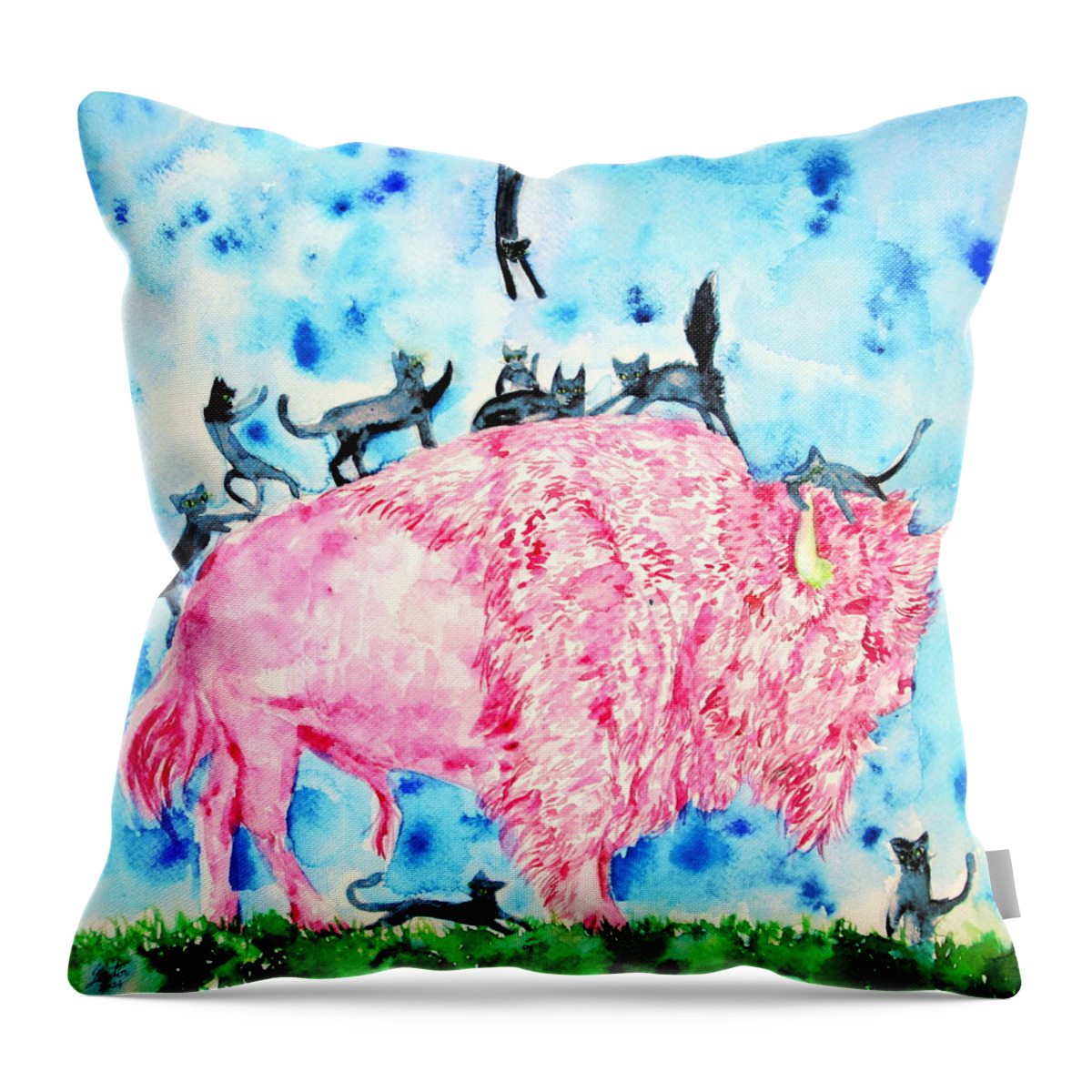 Bison Throw Pillow featuring the painting PINK BISON and BLACK CATS by Fabrizio Cassetta