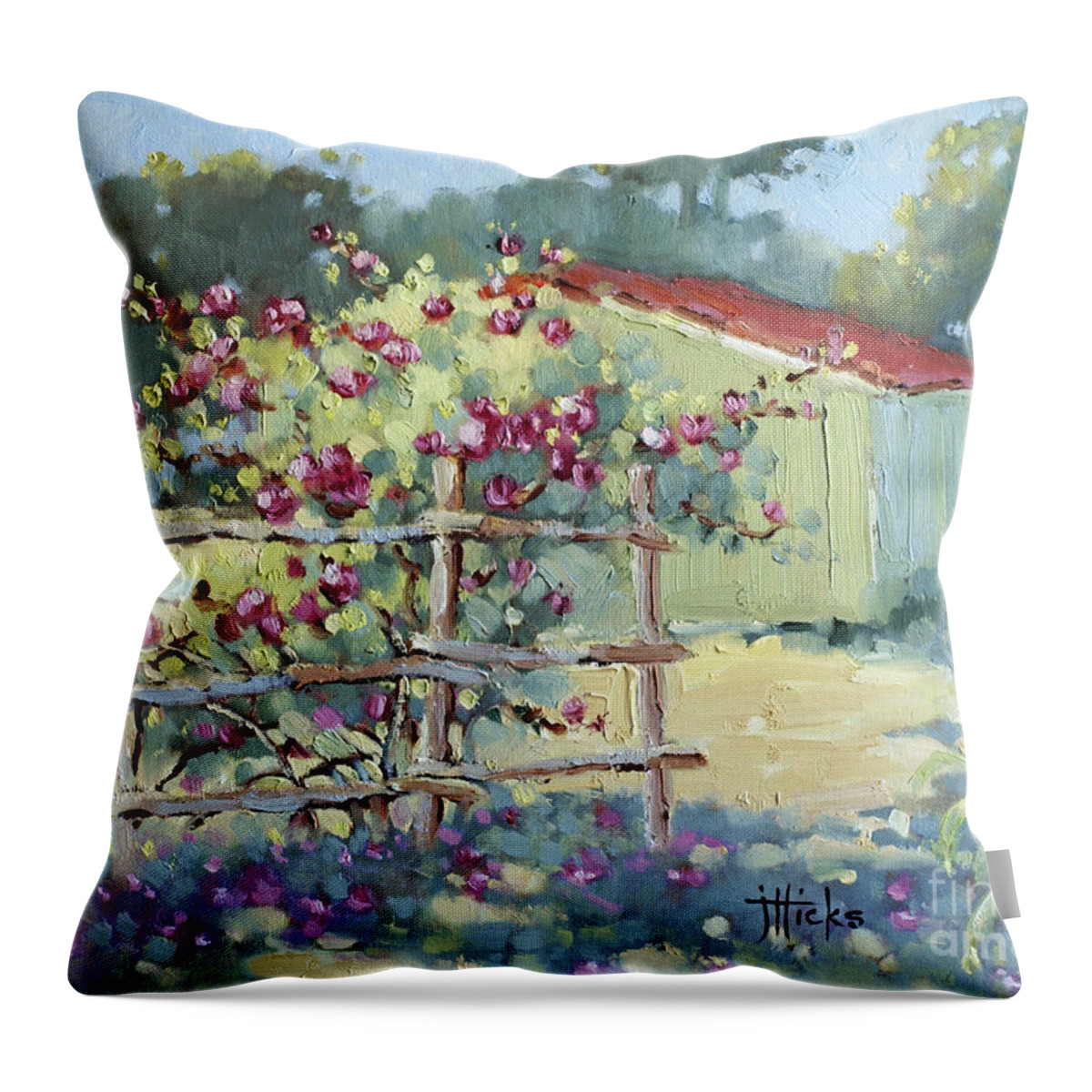 Impressionist Throw Pillow featuring the painting Pink Climbers in Texas by Joyce Hicks