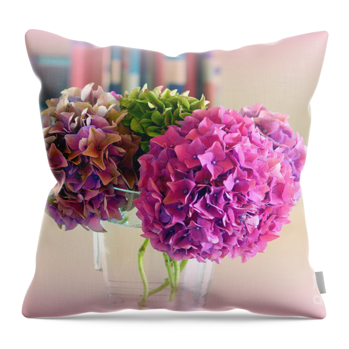 Hortensias Throw Pillow featuring the photograph Pink Joy Hydrangeas by Susanne Van Hulst