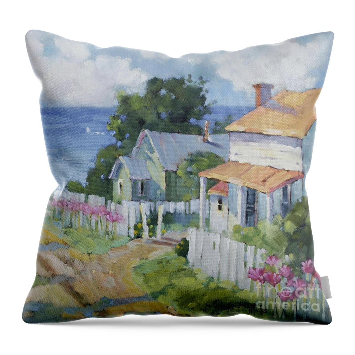 Impressionist Throw Pillow featuring the painting Pink Lady Lilies by the Sea by Joyce Hicks by Joyce Hicks