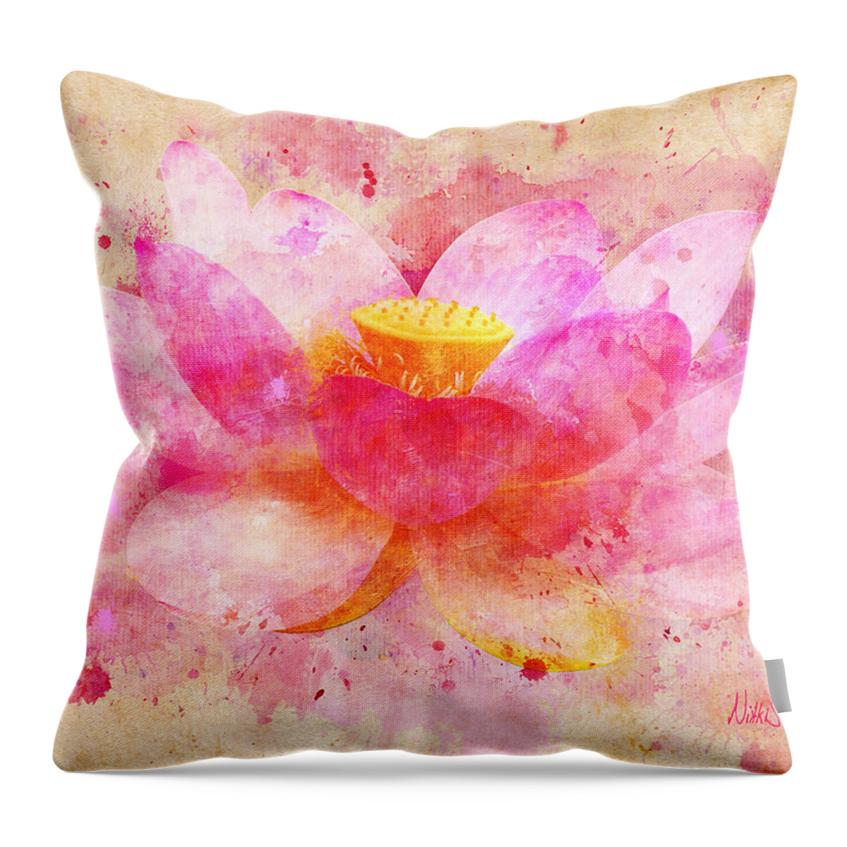Lotus Throw Pillow featuring the digital art Pink Lotus Flower Abstract Artwork by Nikki Marie Smith