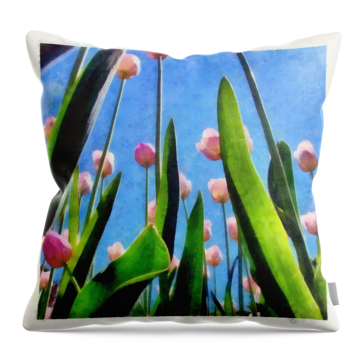 Hollander Throw Pillow featuring the photograph Pink Tulips from the Bottom Up by Michelle Calkins