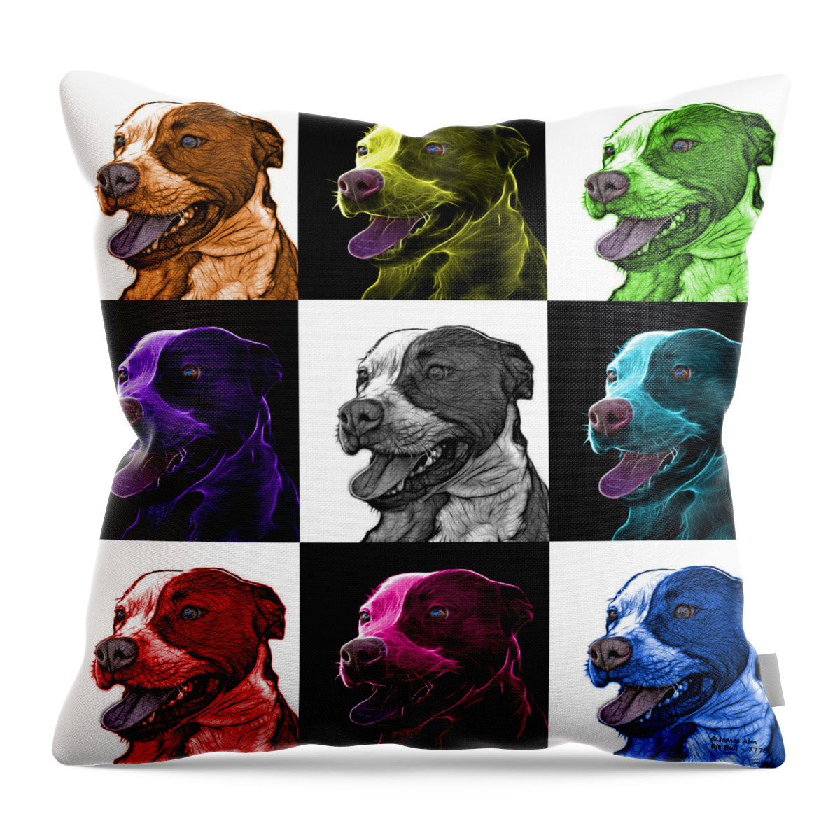 Pit Bull Throw Pillow featuring the mixed media Pit Bull Fractal Pop Art - 7773 - F - V2 - M by James Ahn