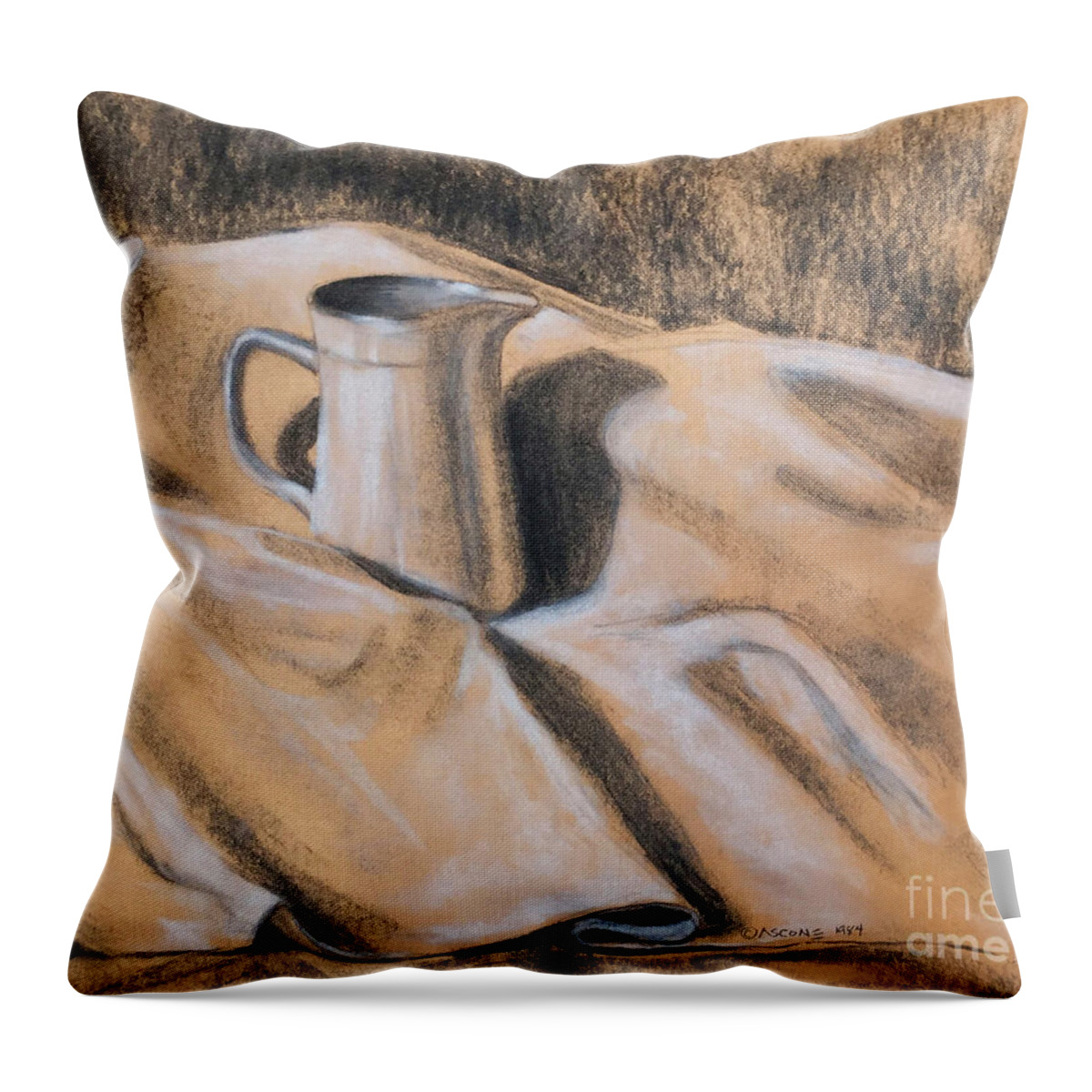 Pitcher And Cloth Throw Pillow featuring the drawing Pitcher and Cloth by Teresa Ascone