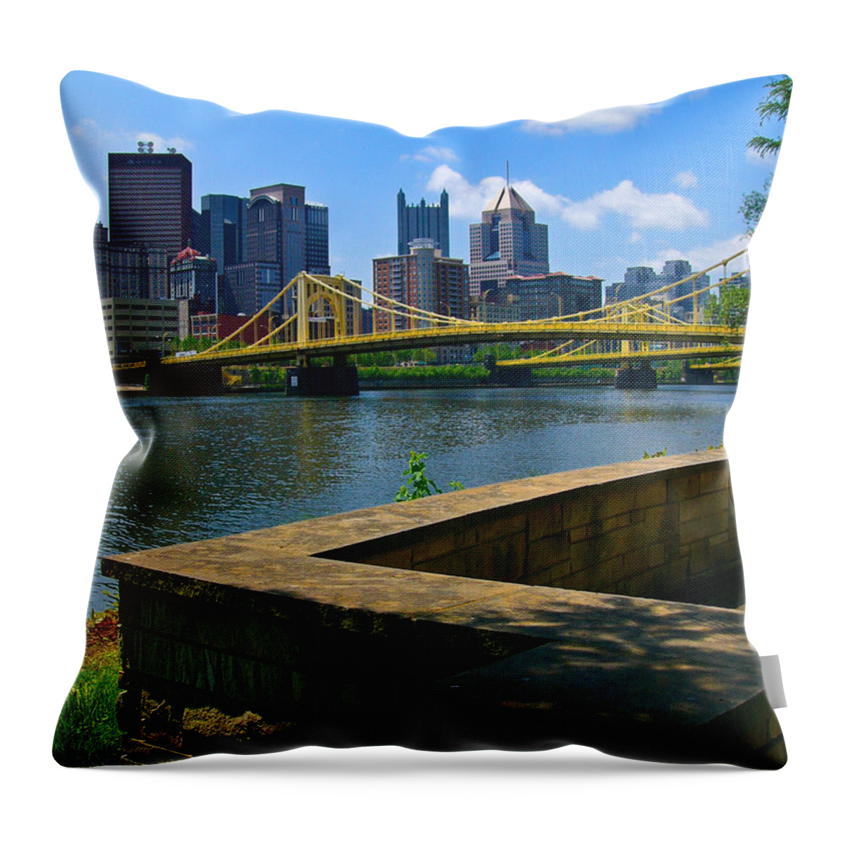 6th Street Bridge Throw Pillow featuring the pyrography Pittsburgh Pennsylvania Skyline and Bridges as seen from the North Shore by Amy Cicconi