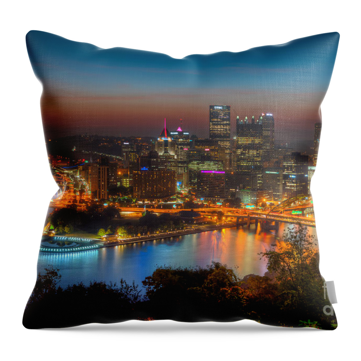 Clarence Holmes Throw Pillow featuring the photograph Pittsburgh Skyline Morning Twilight I by Clarence Holmes