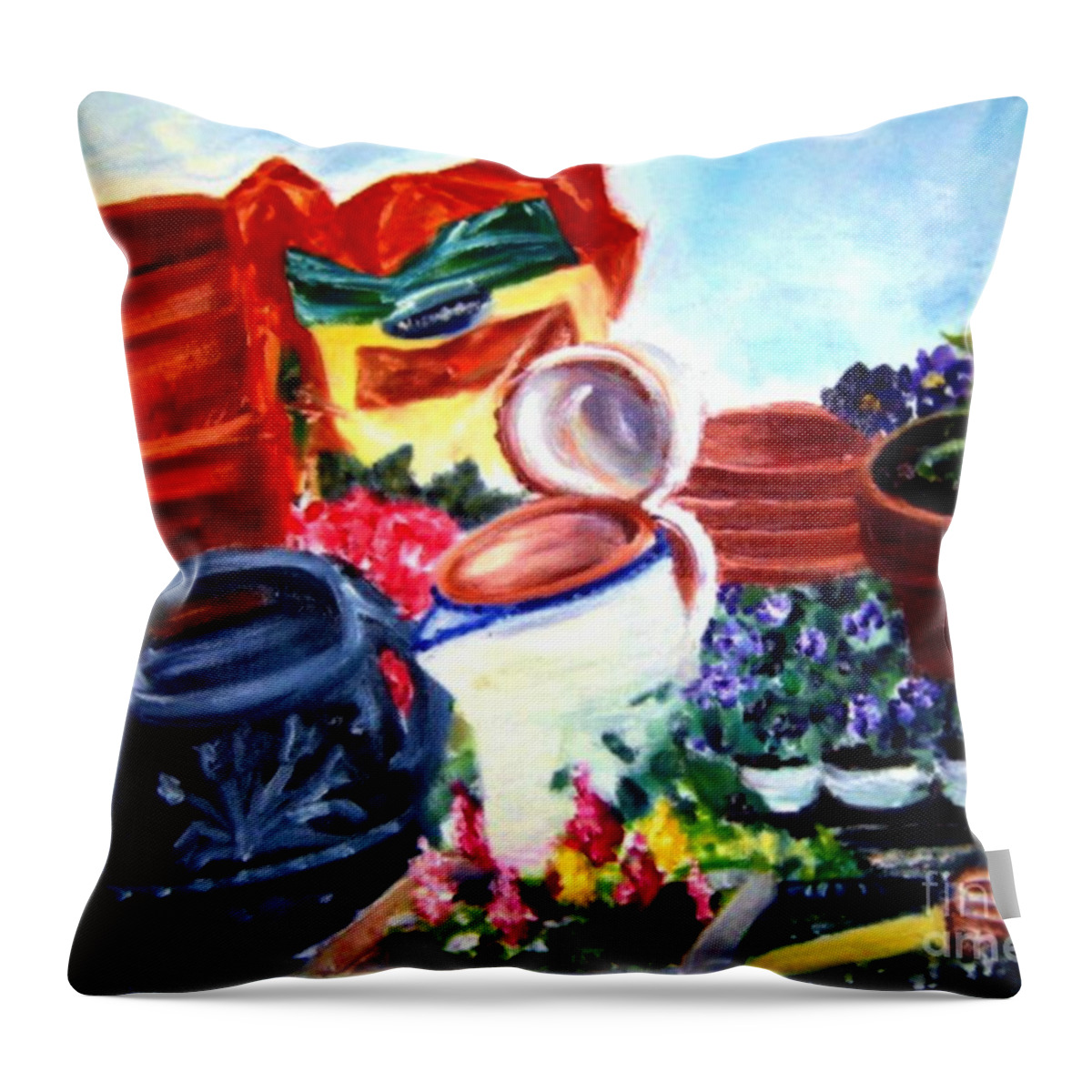 Plants Throw Pillow featuring the painting Planting Day by Sandy Ryan