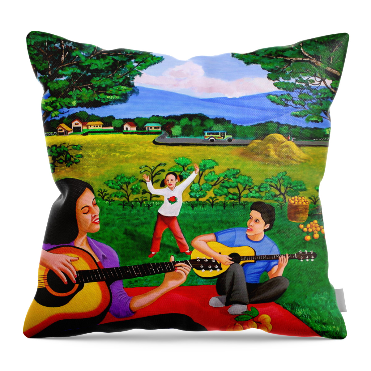 Guitar Throw Pillow featuring the painting Playing Melodies Under the Shade of Trees by Cyril Maza