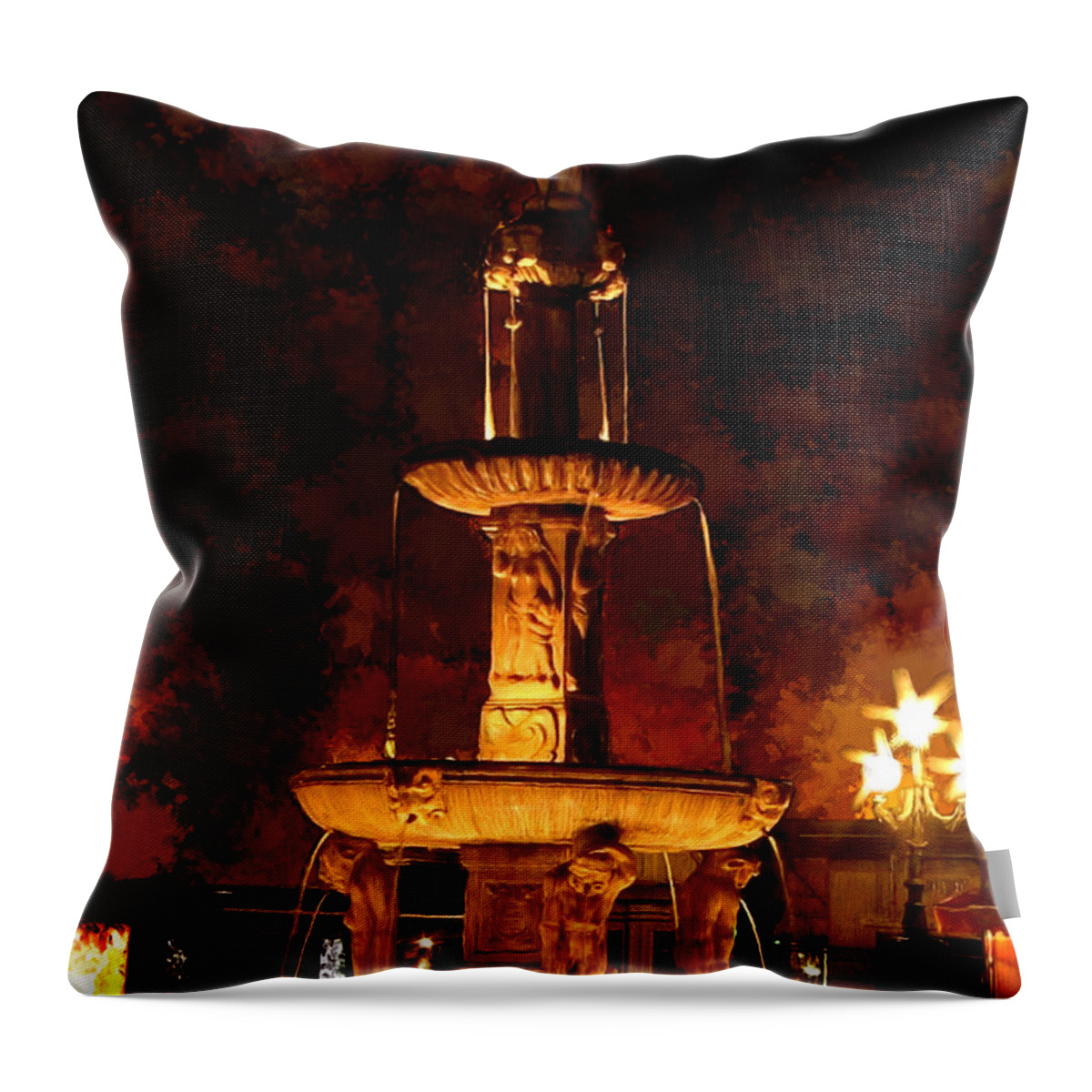 Night Throw Pillow featuring the painting Plaza de Bib-Rambla Fountain in Granada Spain by Bruce Nutting