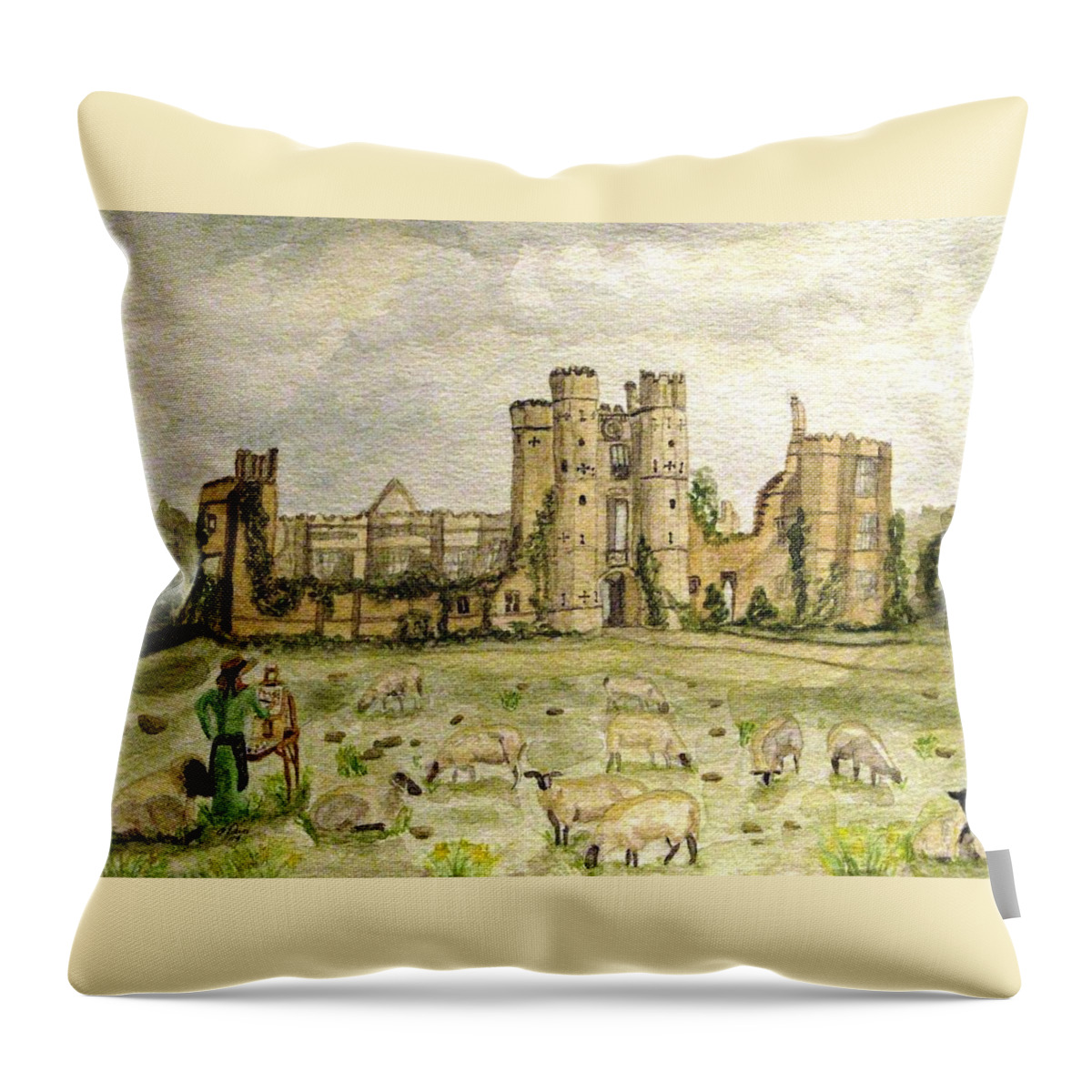 Sheep Throw Pillow featuring the painting Plein Air Painting At Cowdray House Sussex by Angela Davies