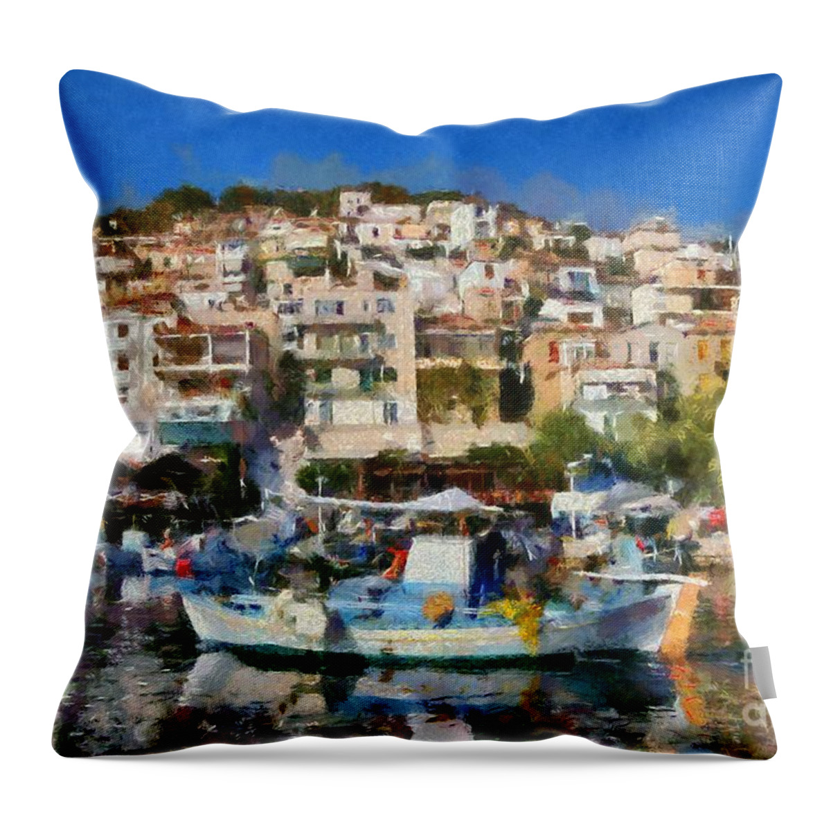 Lesvos; Lesbos; Plomari; City; Town; Port; Harbor; House; Houses; Color; Colorful; Colour; Colourful; Islands; Sea; Greece; Greek; Island; Hellas; Aegean; Summer; Holidays; Vacation; Tourism; Touristic; Travel; Trip; Voyage; Journey; Paint; Painting; Paintings; Boat; Boats; Fishing Throw Pillow featuring the painting Plomari town by George Atsametakis