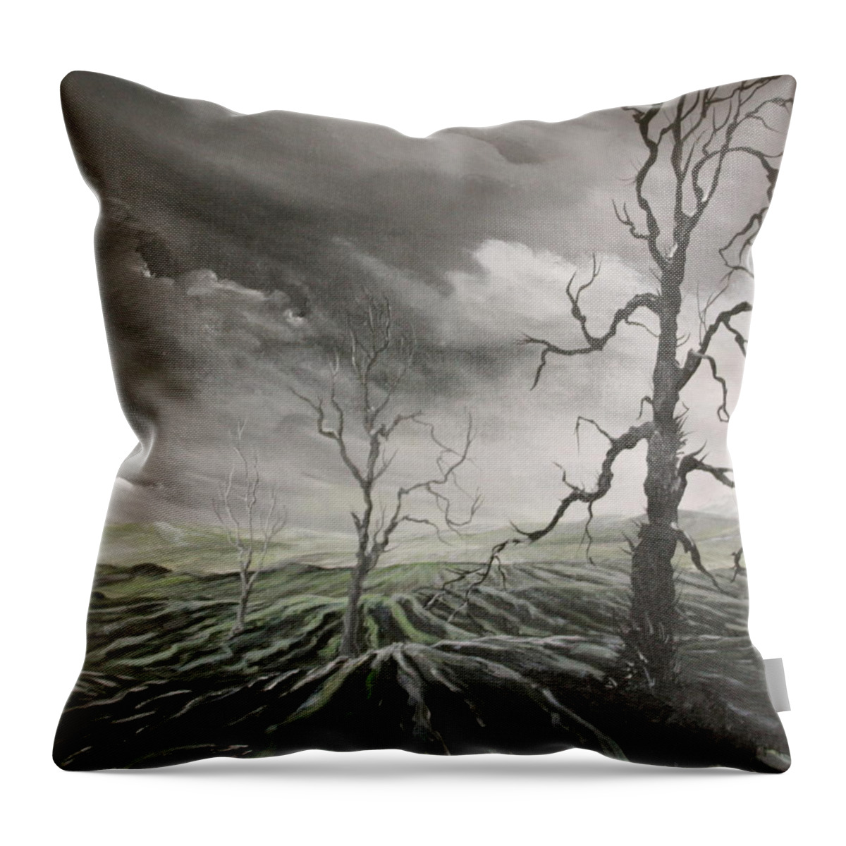 Stormy Weather Throw Pillow featuring the painting Ploughed Fields by Jean Walker