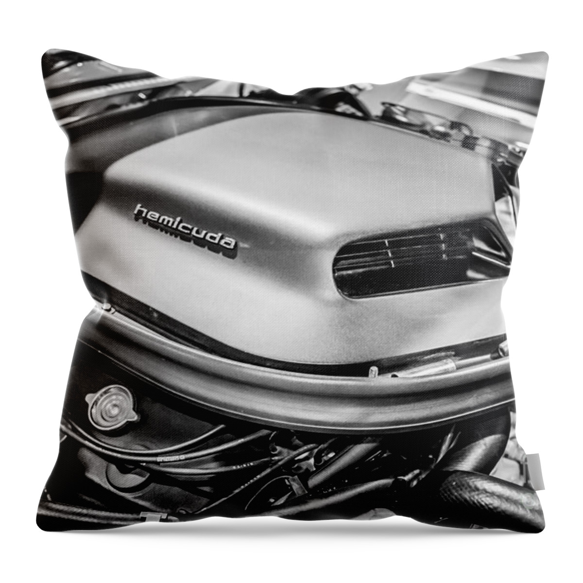 426 Throw Pillow featuring the photograph Plymouth Hemi Cuda Engine Shaker Hood Scoop by Paul Velgos