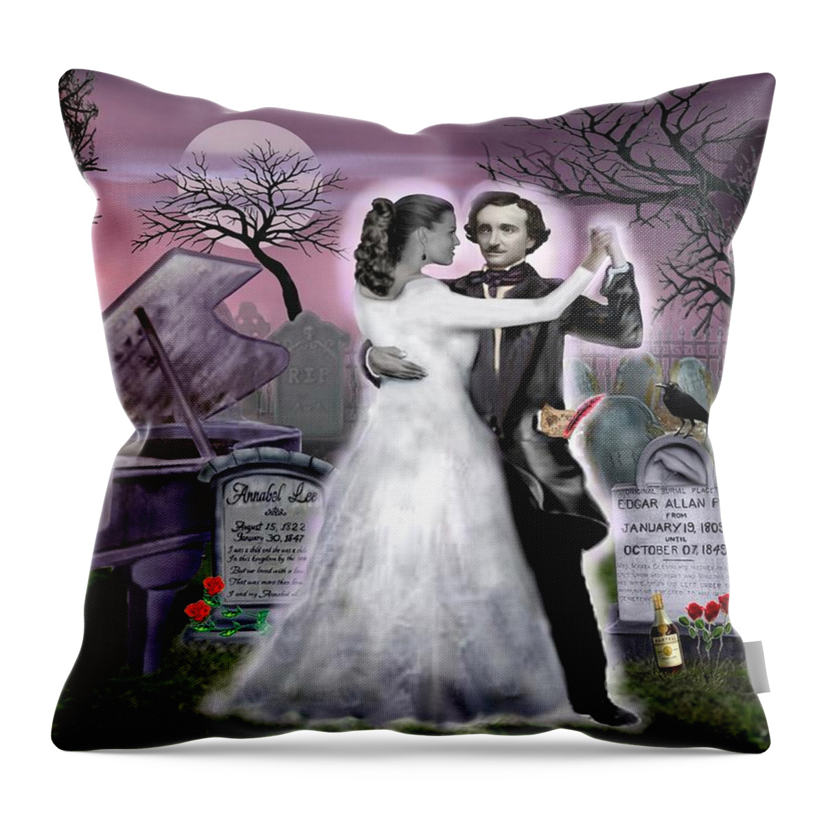 Edgar Allan Poe Throw Pillow featuring the digital art Poe and Annabel Lee Eternally by Glenn Holbrook