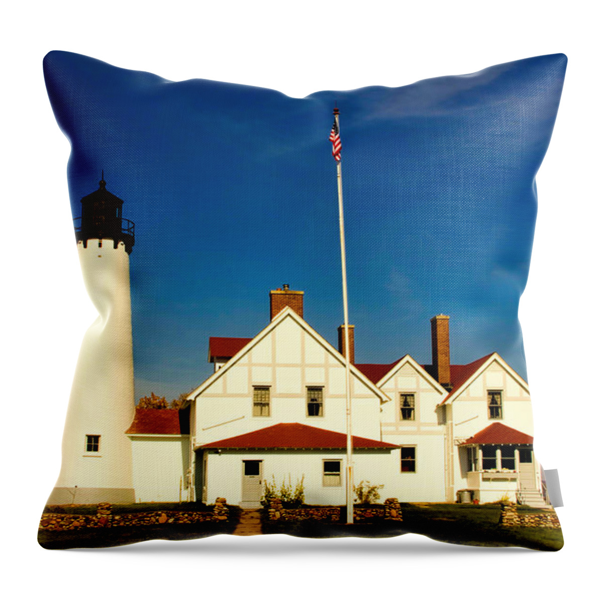 Point Iroquois Lighthouse Throw Pillow featuring the photograph Point Iroquois Lighthouse by Pat Cook