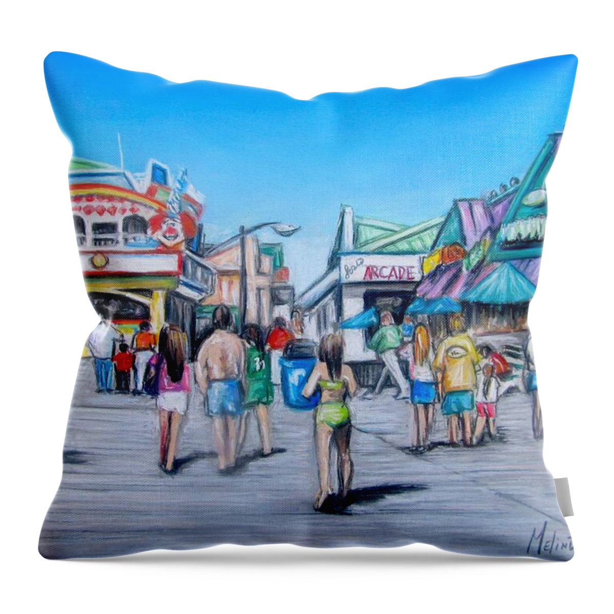 Point Pleasant Beach Art Throw Pillow featuring the painting Point Pleasant Beach Boardwalk by Melinda Saminski