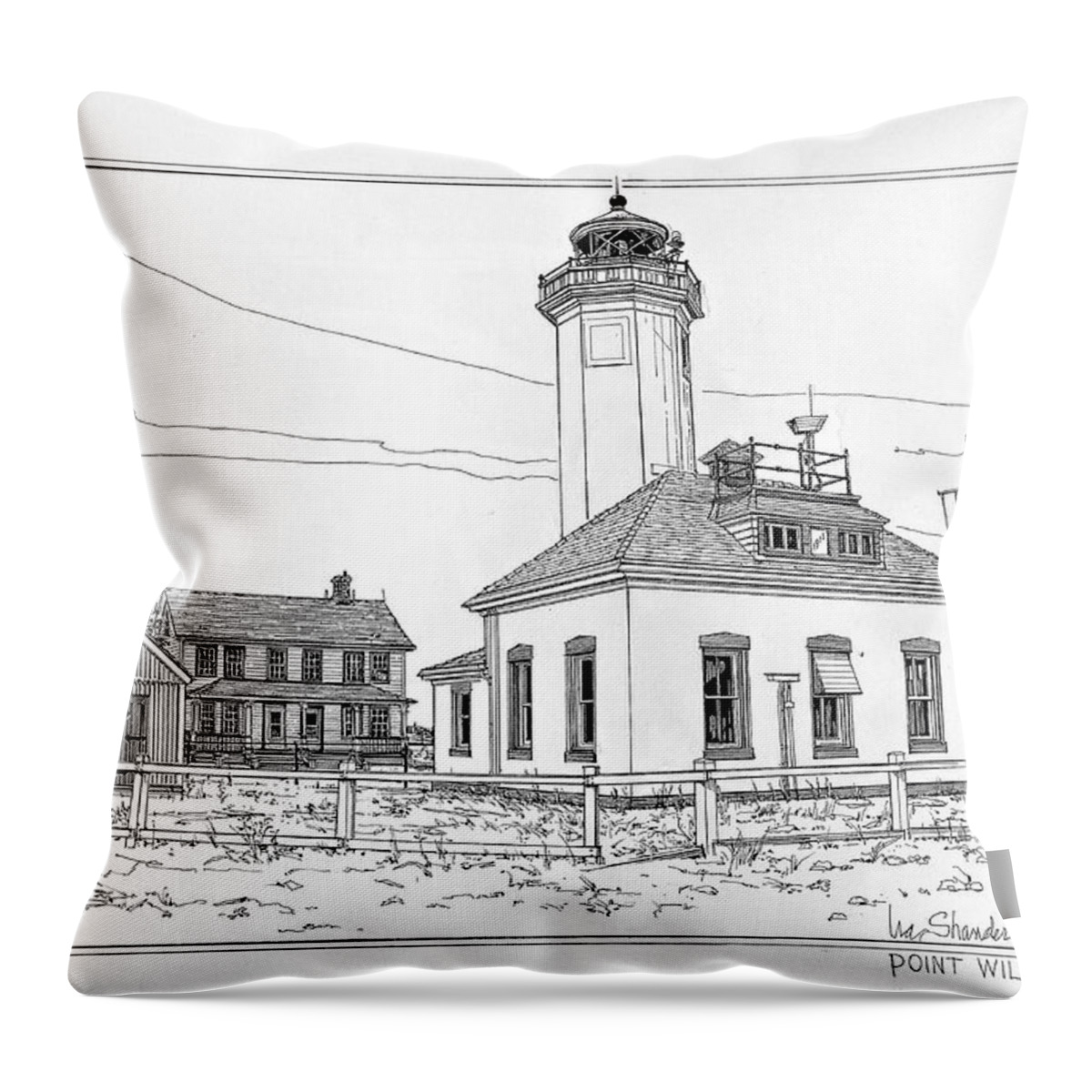 Point Wilson Light Throw Pillow featuring the drawing Point Wilson Light by Ira Shander