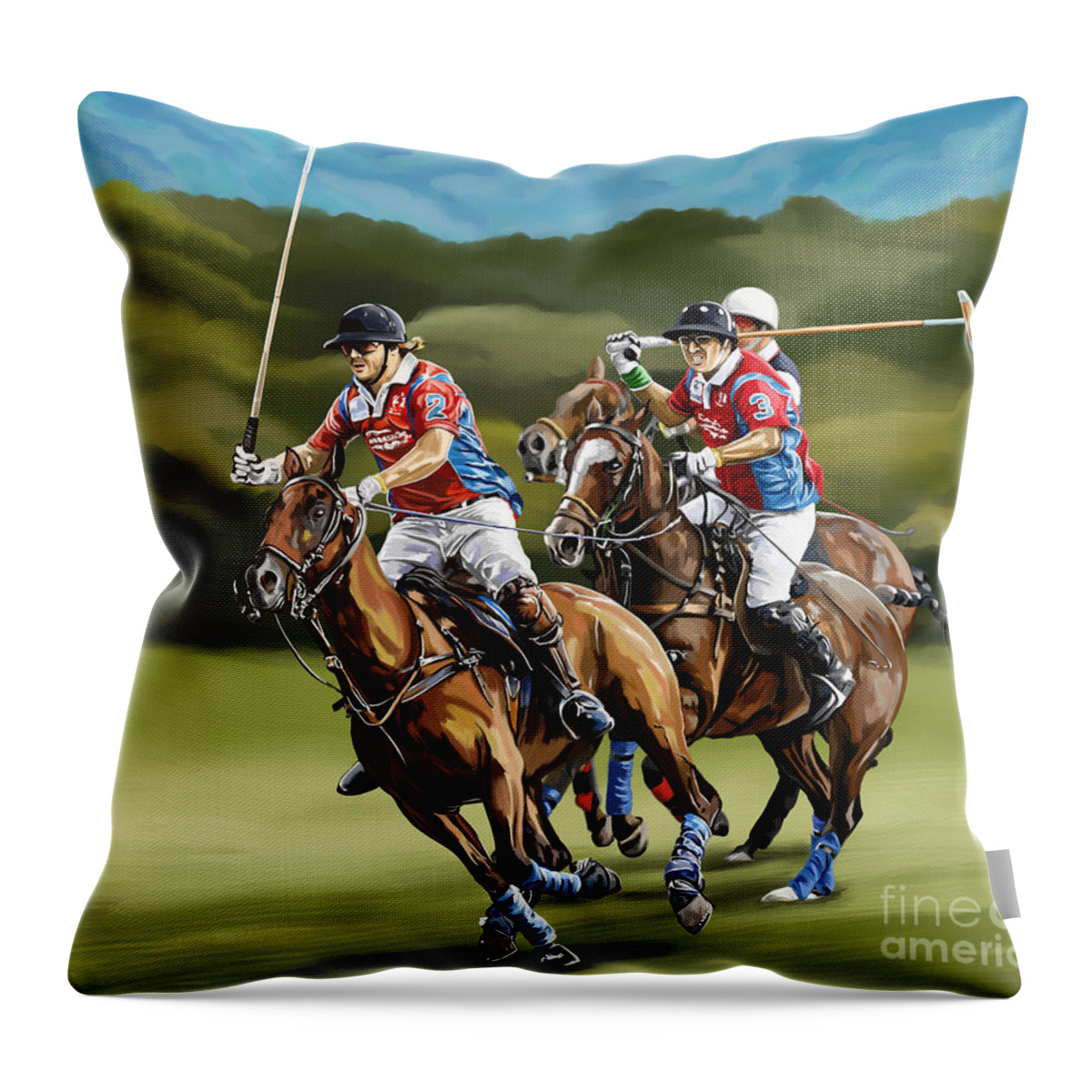 Polo Throw Pillow featuring the painting Polo Game Horses by Tim Gilliland