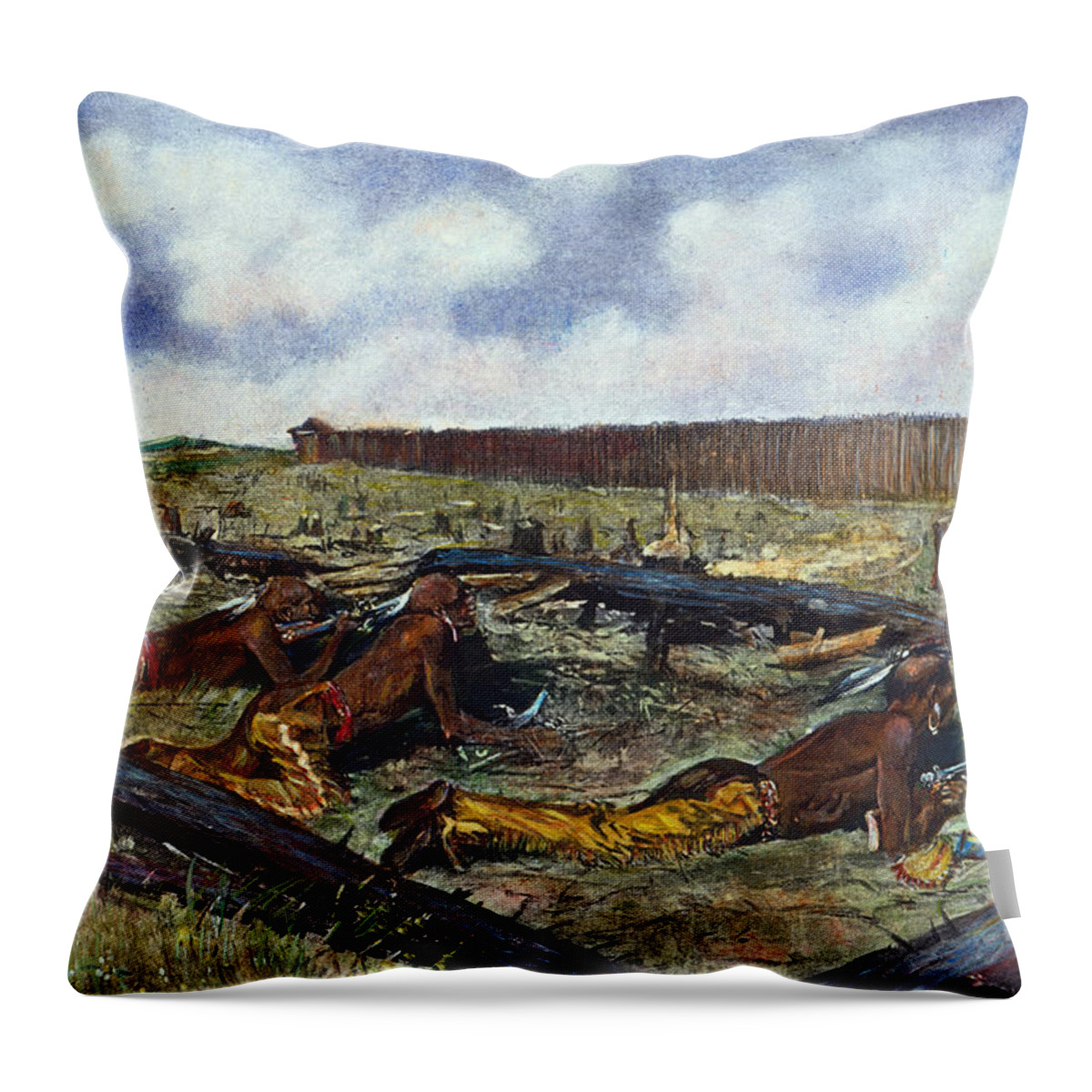 1763 Throw Pillow featuring the drawing Chief Pontiac's siege of Fort Detroit, 1763-64 by Frederic Remington