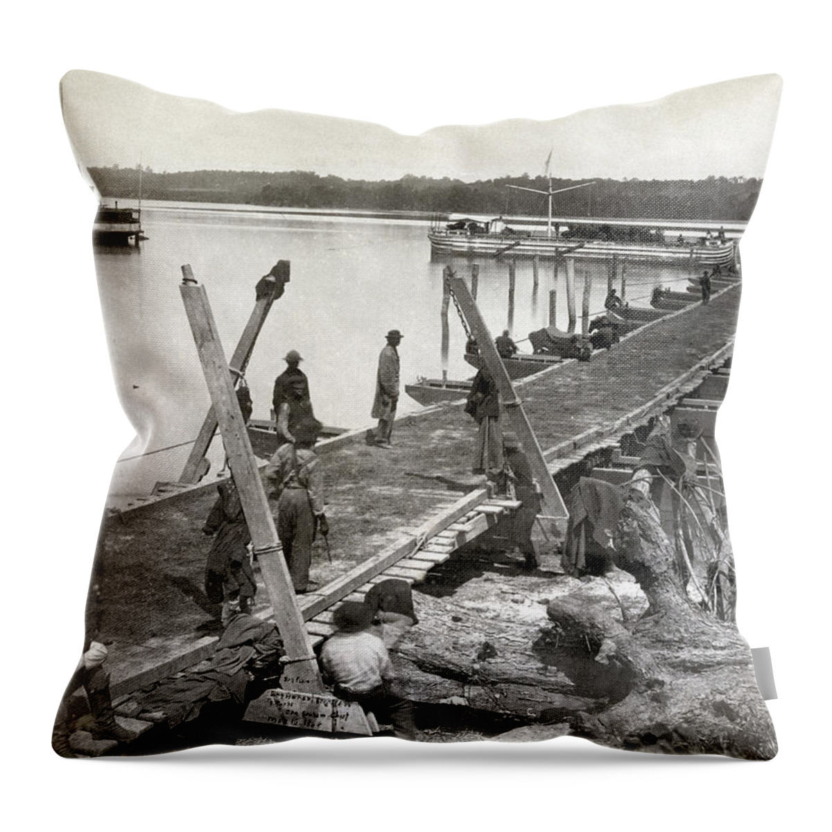 1864 Throw Pillow featuring the photograph Pontoon Bridge, 1864 by Granger
