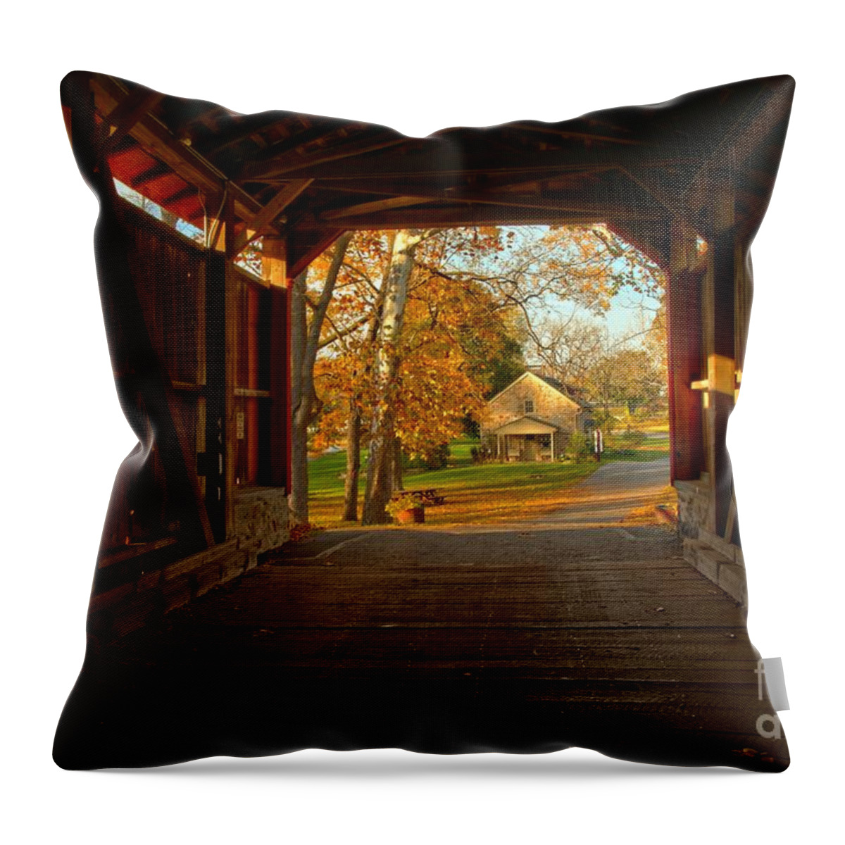 Poole Forge Covered Bridge Throw Pillow featuring the photograph Poole Forge Covered Bridge - Lancaster County PA by Adam Jewell
