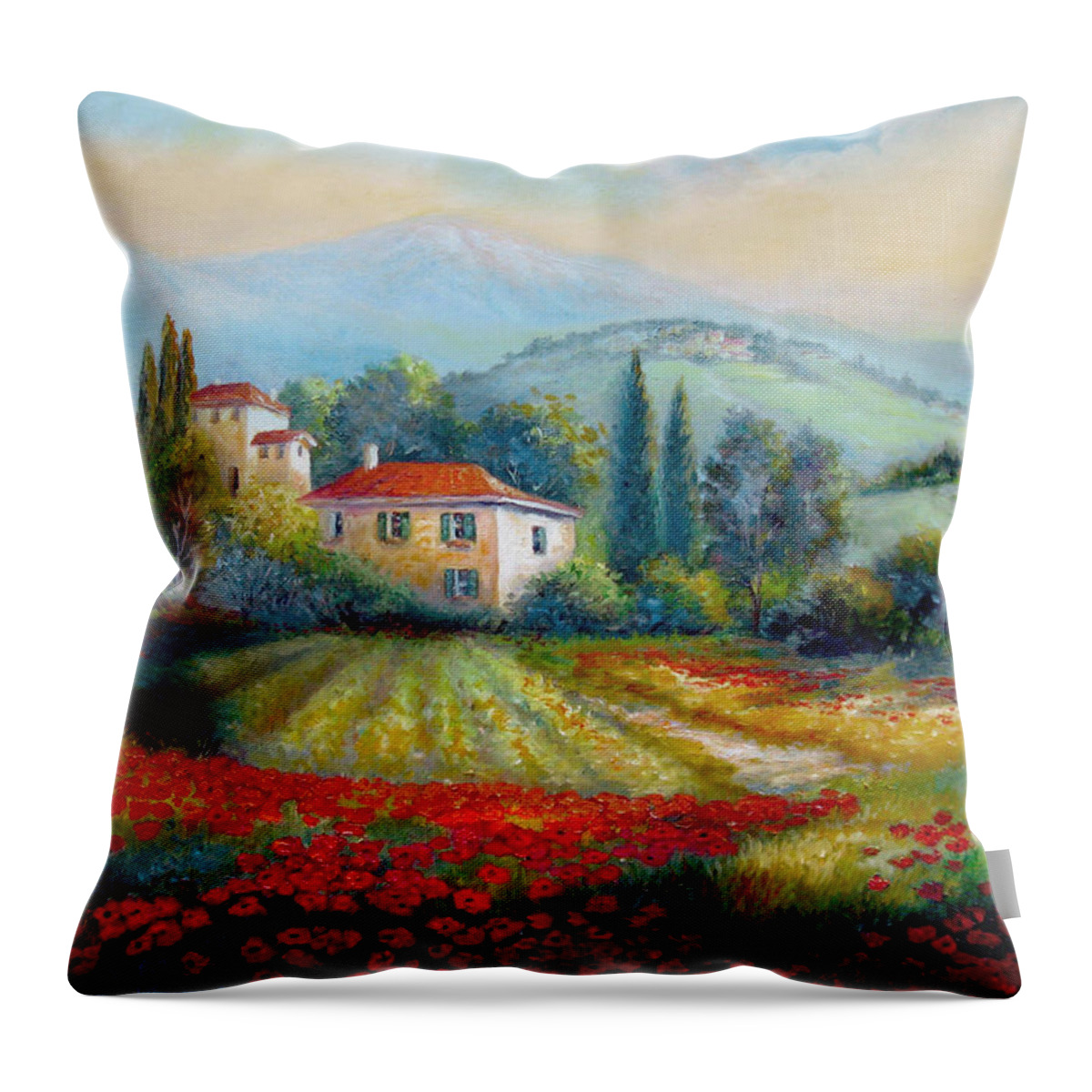  Mediterranean Landscape Throw Pillow featuring the painting Poppy fields of Italy by Regina Femrite