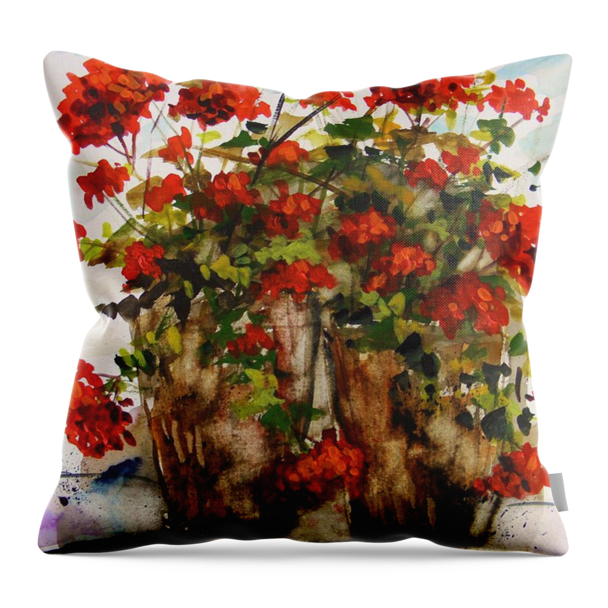 Porch Geraniums Throw Pillow featuring the painting Porch Geraniums by John Williams