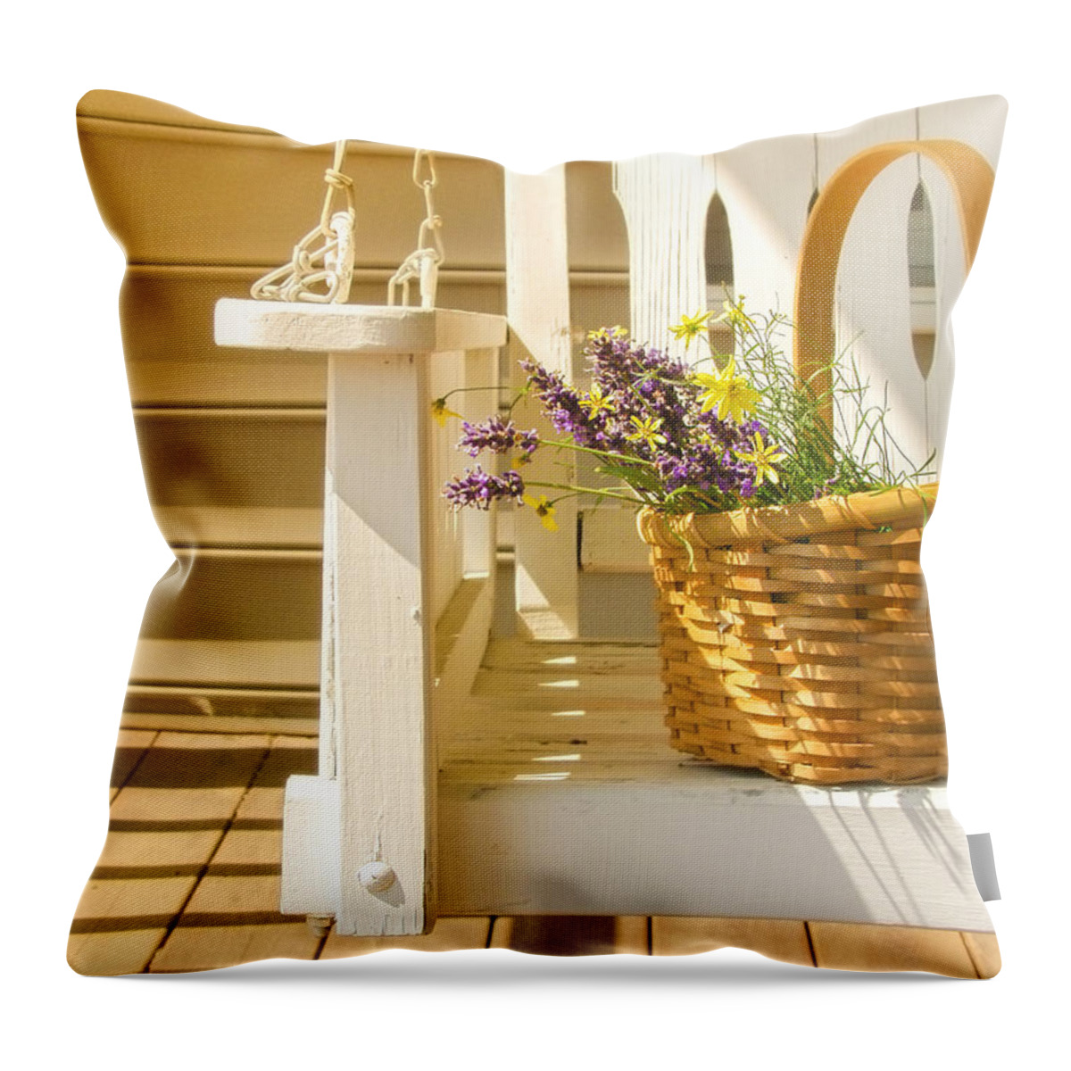 Porch Swing Throw Pillow featuring the photograph Porch Swing with Flowers by Diane Diederich