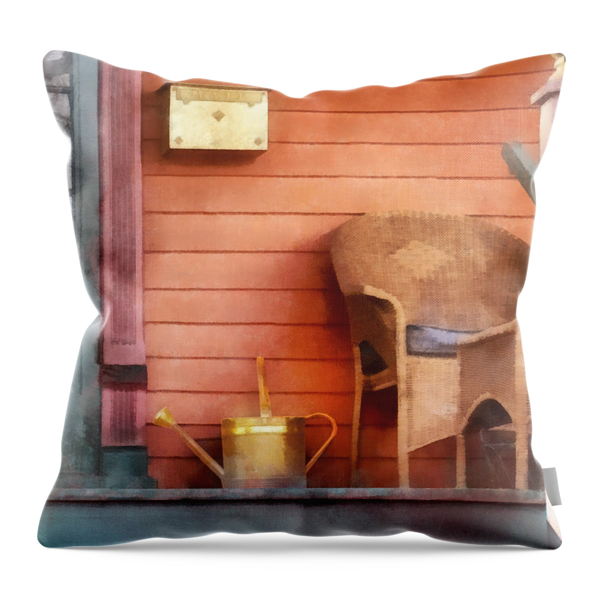 Watering Can Throw Pillow featuring the photograph Porch With Brass Watering Can by Susan Savad