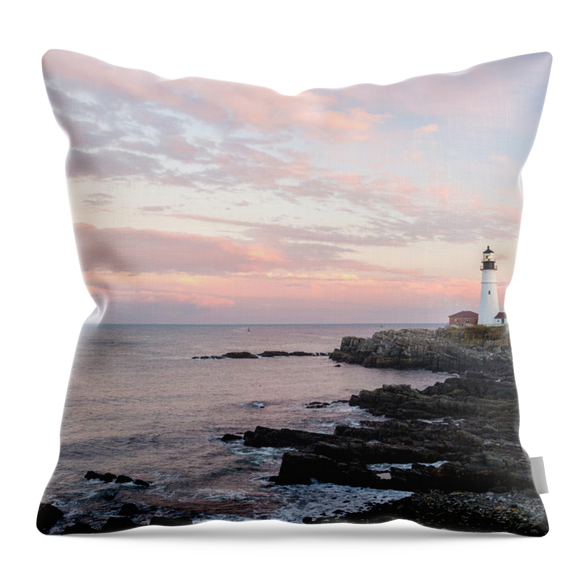 Seascape Throw Pillow featuring the photograph Portland Head Light Lighthouse Sunset by Picturelake