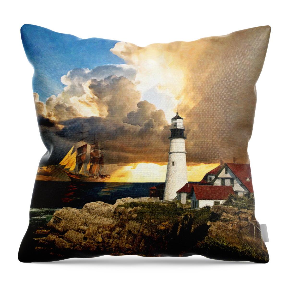 Lighthouse Throw Pillow featuring the digital art Portland Head Lighthouse by Lianne Schneider