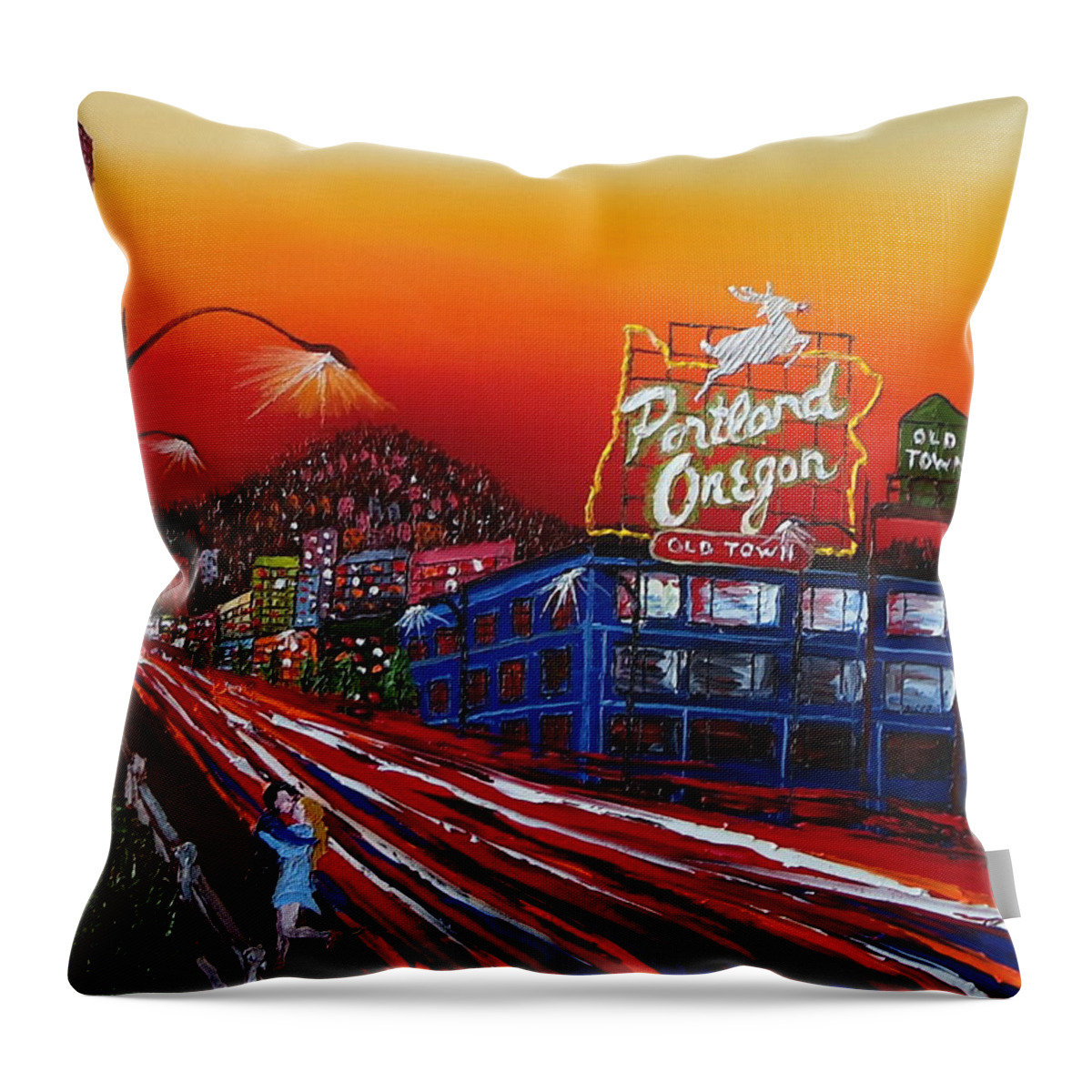 Portland City Lights Throw Pillow featuring the painting Portland Oregon Sign At Dusk by James Dunbar