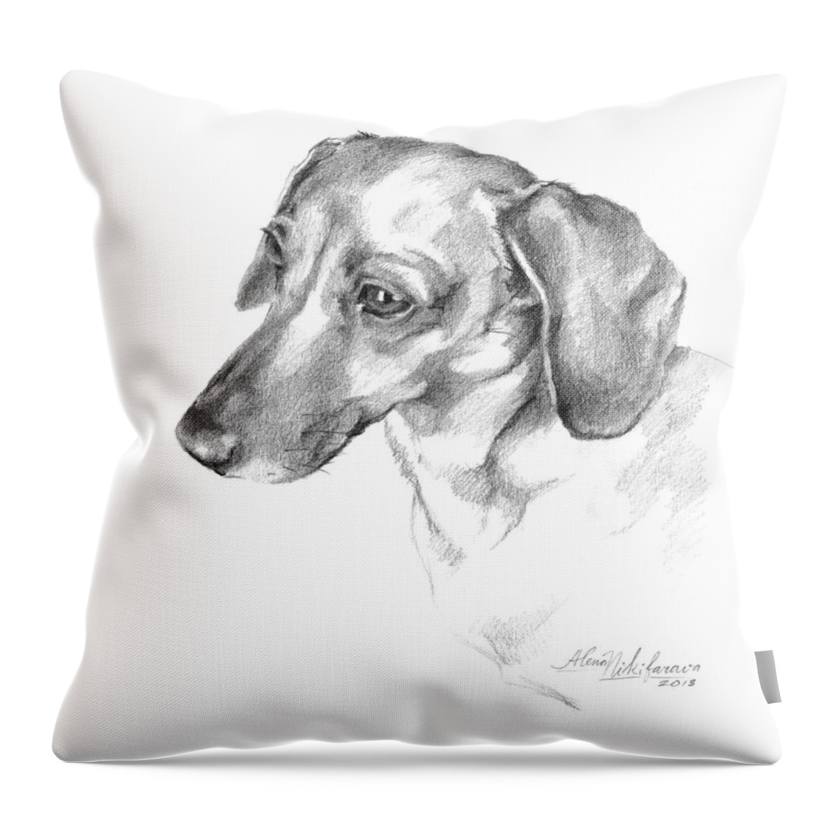 Dachshund Throw Pillow featuring the drawing Portrait of a Dachshund Paying Attention by Alena Nikifarava