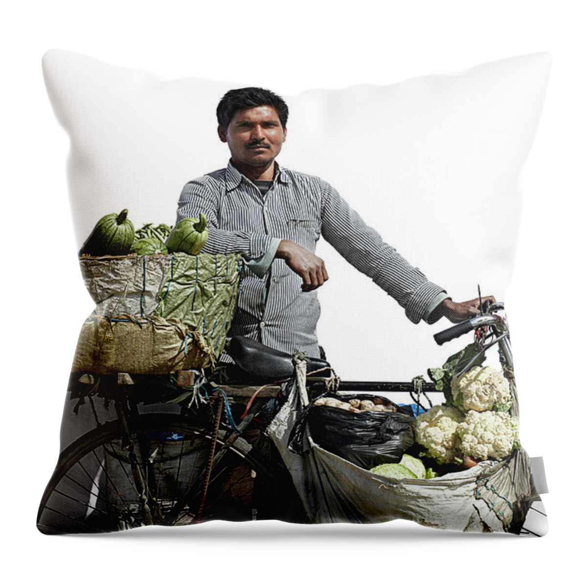 Asian And Indian Ethnicities Throw Pillow featuring the photograph Portrait Of A Vegetable Vendor In by Paper Boat Creative