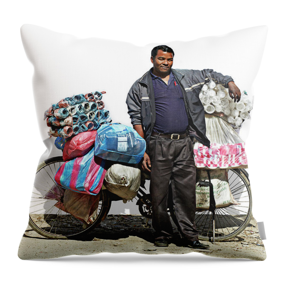 Asian And Indian Ethnicities Throw Pillow featuring the photograph Portrait Of A Vendor Selling Plastic by Paper Boat Creative