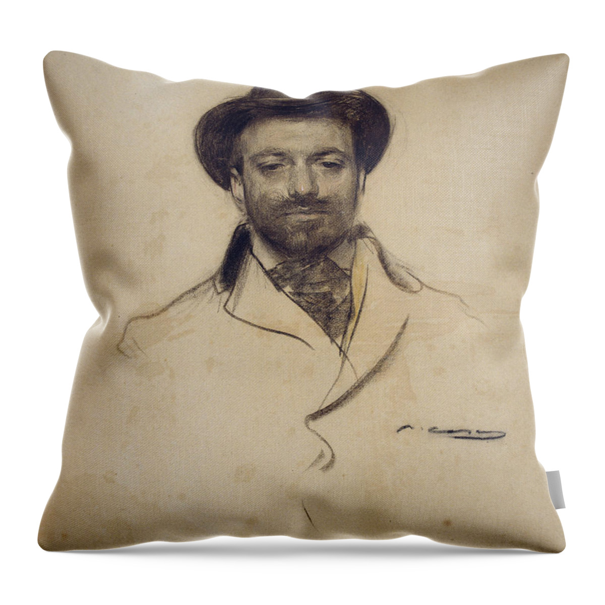 Ramon Casas Throw Pillow featuring the drawing Portrait of Josep M Sert by Ramon Casas