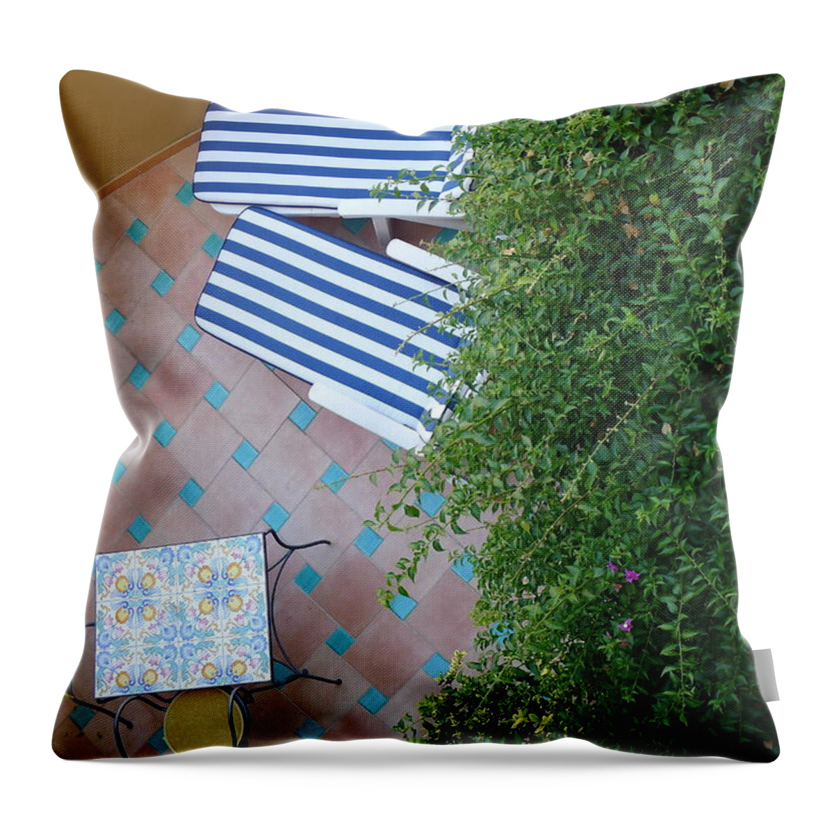  Throw Pillow featuring the photograph Positano - Balcony View - Lounge Chairs by Nora Boghossian