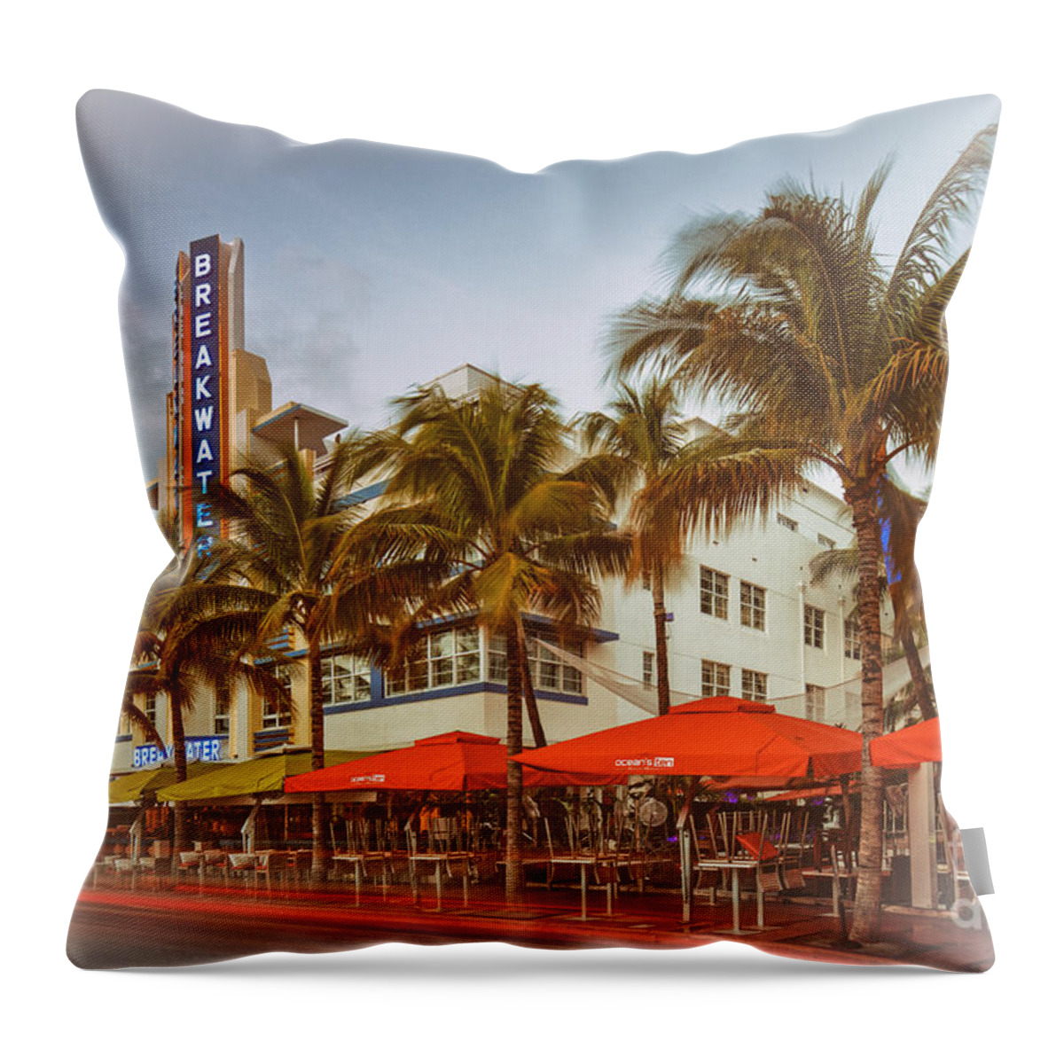 Sobe Throw Pillow featuring the photograph Postcard of Breakwater Esplendor Hotel on Ocean Drive - South Beach Miami Beach Florida by Silvio Ligutti