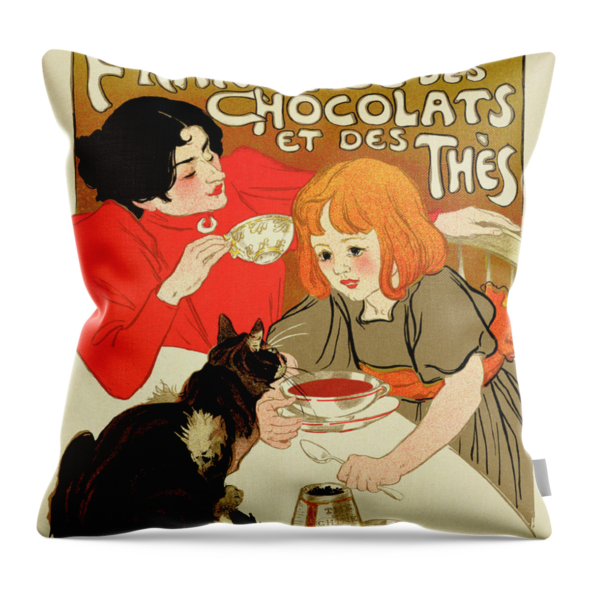 Chocolates Throw Pillow featuring the drawing Poster Advertising The French Company by Theophile Steinlen