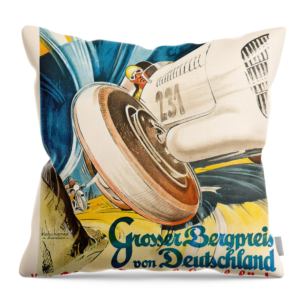 Motor Racing Throw Pillow featuring the painting Poster advertising the Grosser Bergpreis Grand Prix by German School