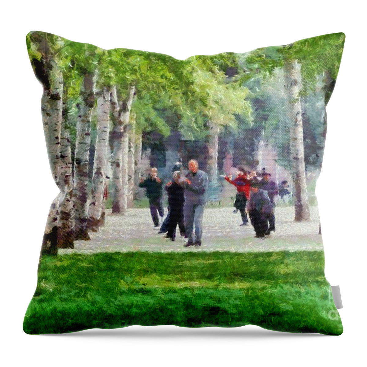 Paint; Painting; Paintings; Beijing; China; Asia; City; People; Temple Of Heaven; Park; Trees; Tiantan; Martial; Arts; Practice; Practicing; Train; Training; Morning; Capital; Chinese; East; Eastern; Holidays; Vacation; Travel; Trip; Voyage; Journey; Tourism; Touristic Throw Pillow featuring the painting Practicing martial arts by George Atsametakis