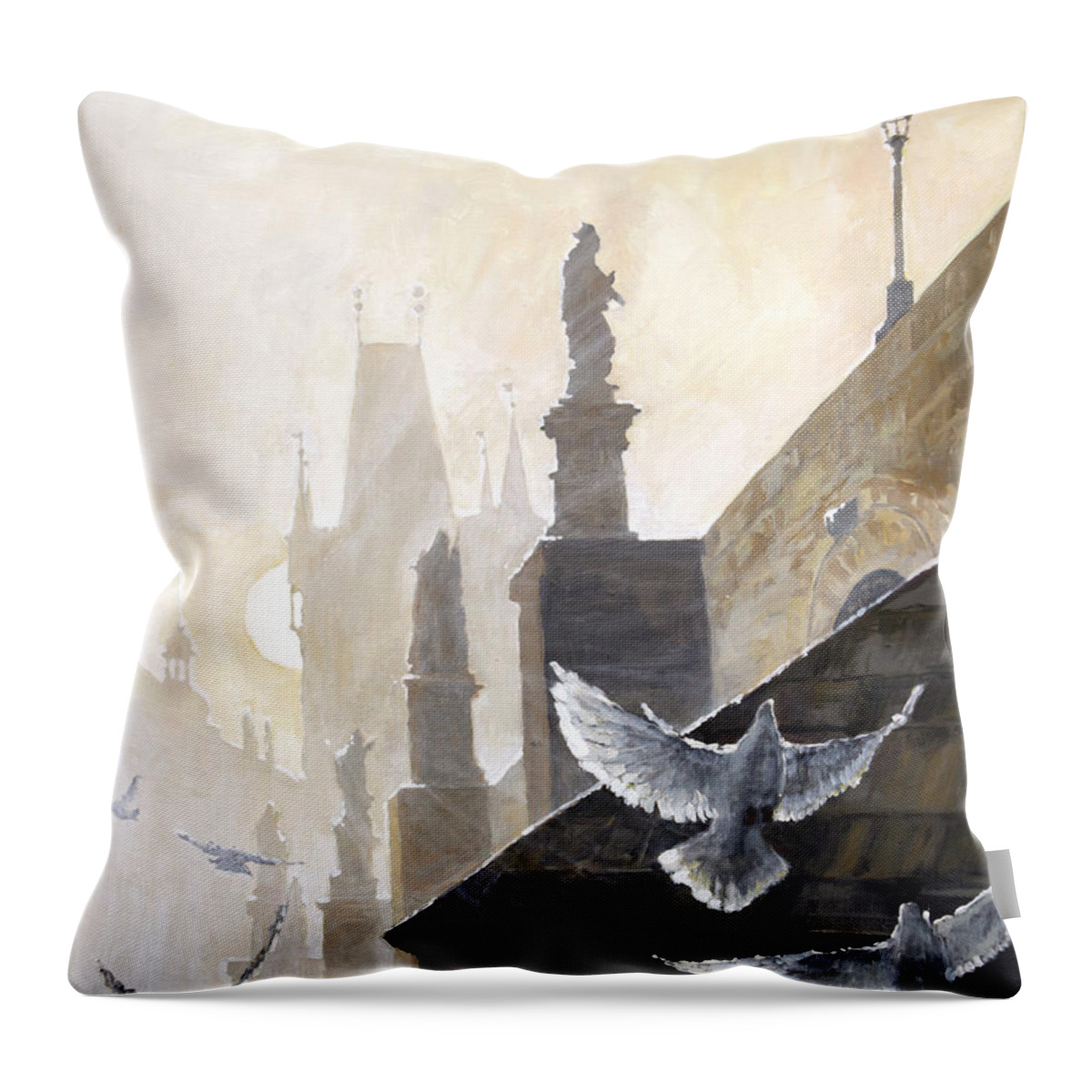 Oil X Acrylic On Canvas Throw Pillow featuring the painting Prague Morning on the Charles Bridge by Yuriy Shevchuk