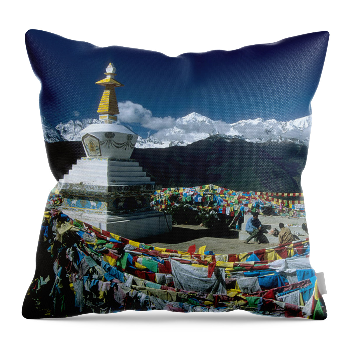 Himalaya Throw Pillow featuring the photograph Prayer flags in the Himalayan Mountains by James Brunker