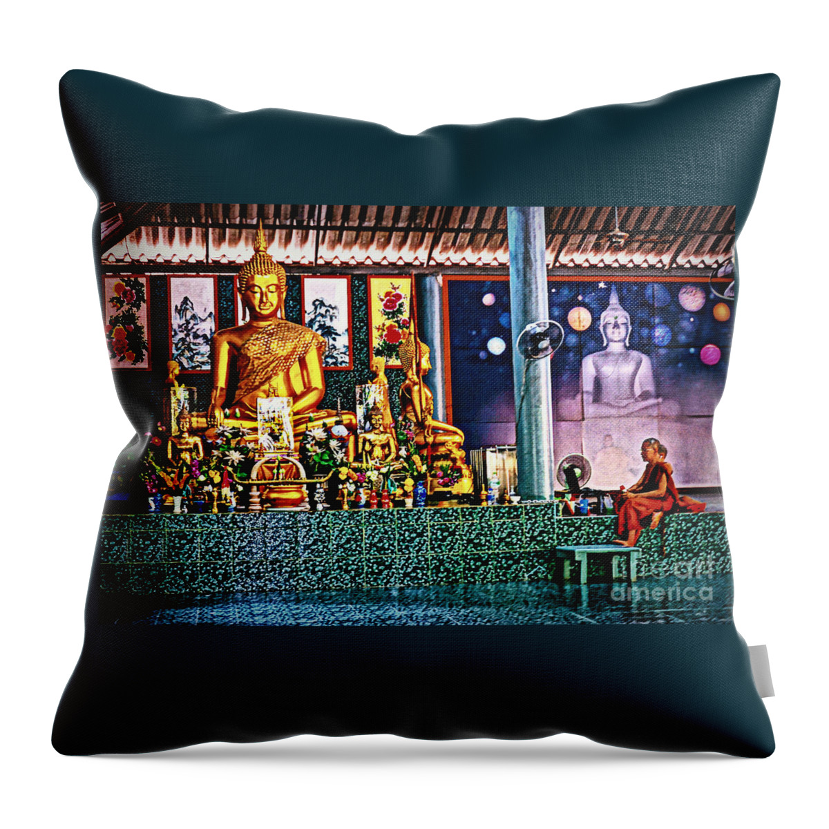 Temple Throw Pillow featuring the photograph Praying With Buddha by Ian Gledhill