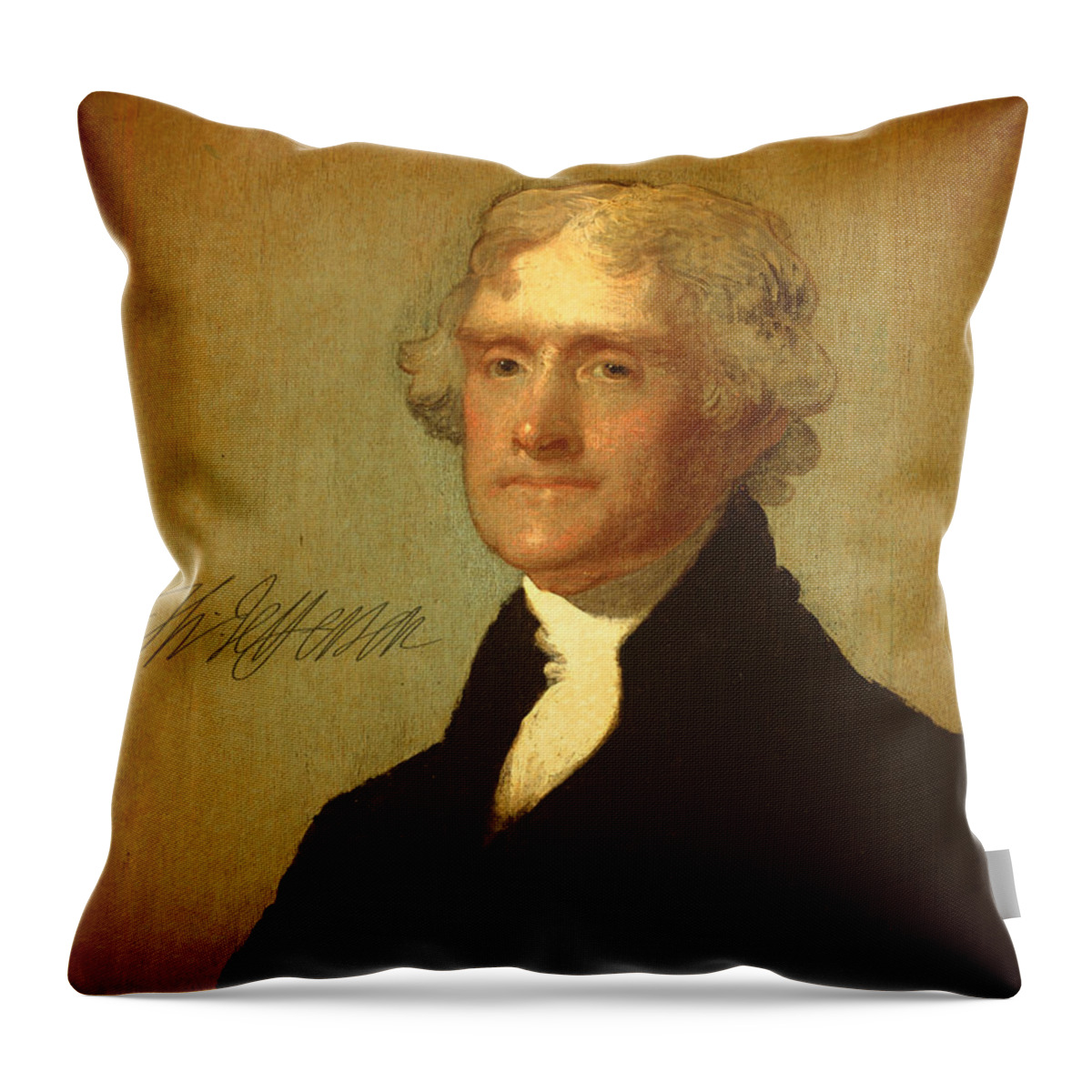 President Thomas Jefferson Portrait Signature Throw Pillow featuring the mixed media President Thomas Jefferson Portrait and Signature by Design Turnpike