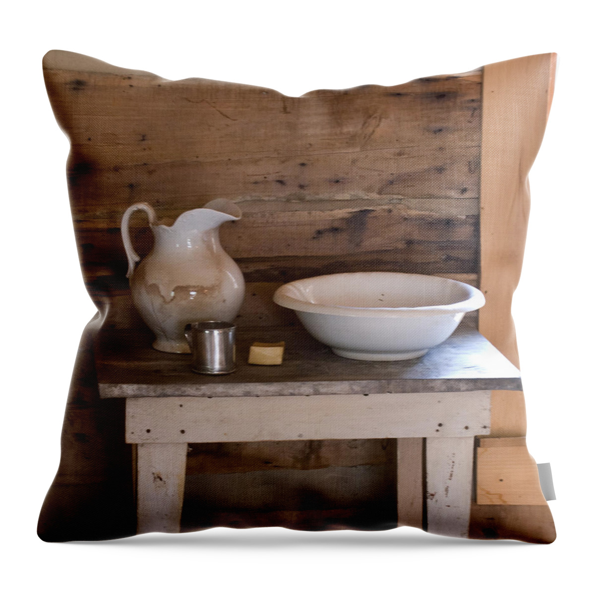 Primative Throw Pillow featuring the photograph Primative Wash Bowl Stand by Douglas Barnett