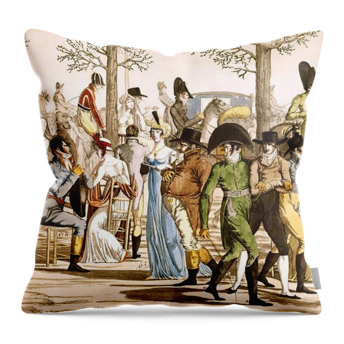 Walking Throw Pillow featuring the drawing Promenade At Longchamps, 1802 by French School