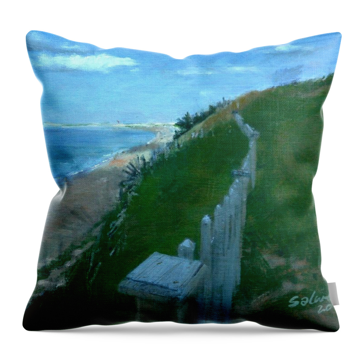Cape Cod Throw Pillow featuring the painting Provincetown and Cape Cod Bay from Lookout Bluff by Peter Salwen