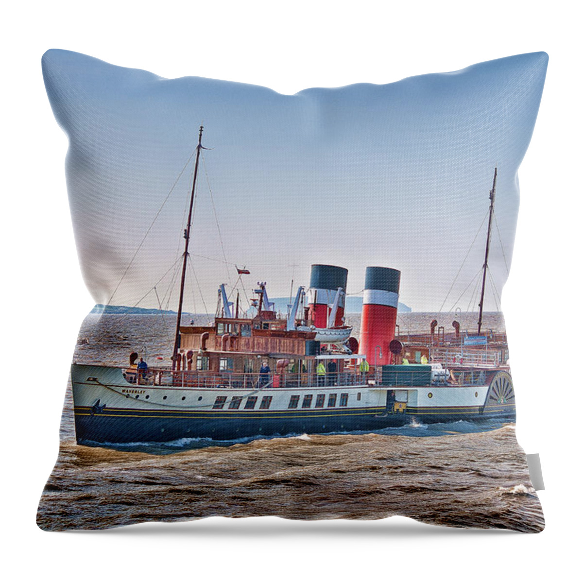 The Waverley Paddle Steamer Throw Pillow featuring the photograph PS Waverley Approaching Penarth by Steve Purnell